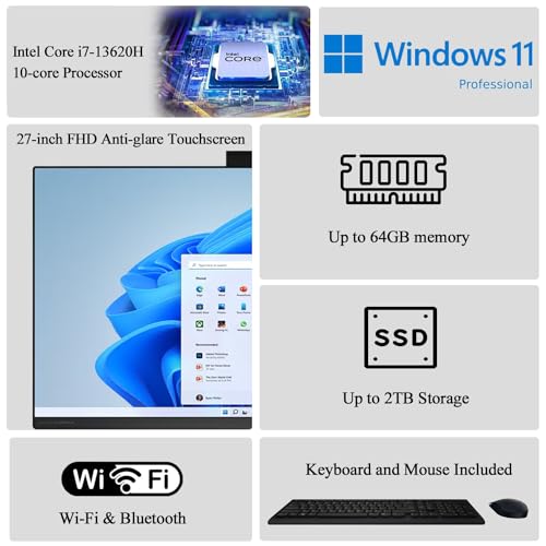 Lenovo IdeaCentre 27"" FHD All-in-One Touchscreen Business Desktop, 13th Gen Intel Core i7-13620H (10-Core) Processor, 64GB RAM, 1TB PCIe SSD, Ethernet Port, HDMI, WiFi 6, Windows 11 Pro, Black