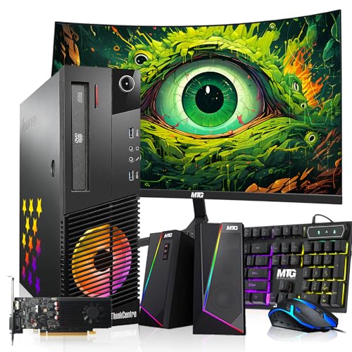 Lenovo Desktop PC Gaming Bundle - Intel Core i7, 16GB RAM, 512GB SSD, 24-inch Curved Monitor, GT 1030 2GB, RGB Speaker, RGB Keyboard Mouse, WiFi, Win 10 Pro (Renewed)