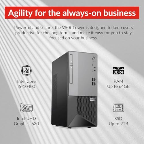 Lenovo V50t Gen 2 Business Tower Desktop, Intel Core i5-10400, 16GB RAM, 1TB SSD, DVD-RW, HDMI, RJ-45, DP, Wi-Fi, Windows 11 Pro, Grey