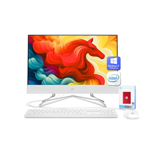 HP Newest All-in-One Desktop - 21.5" FHD Display, Intel Processors with UHD Graphics, 32GB RAM, 1TB SSD + 500 GB P500 External SSD, Webcam, RJ-45, Windows 11 Pro, Wired Keyboard & Mouse, White