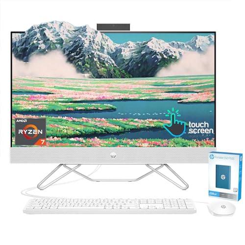 HP 27 inch All-in-One Desktop Computer, FHD Touchscreen, AMD Ryzen 7 Processor, 64GB RAM, 1TB PCIe SSD, Wi-Fi, Webcam, HDMI Out, KB&Mouse Combo, P500 Portable SSD, Windows 11, White