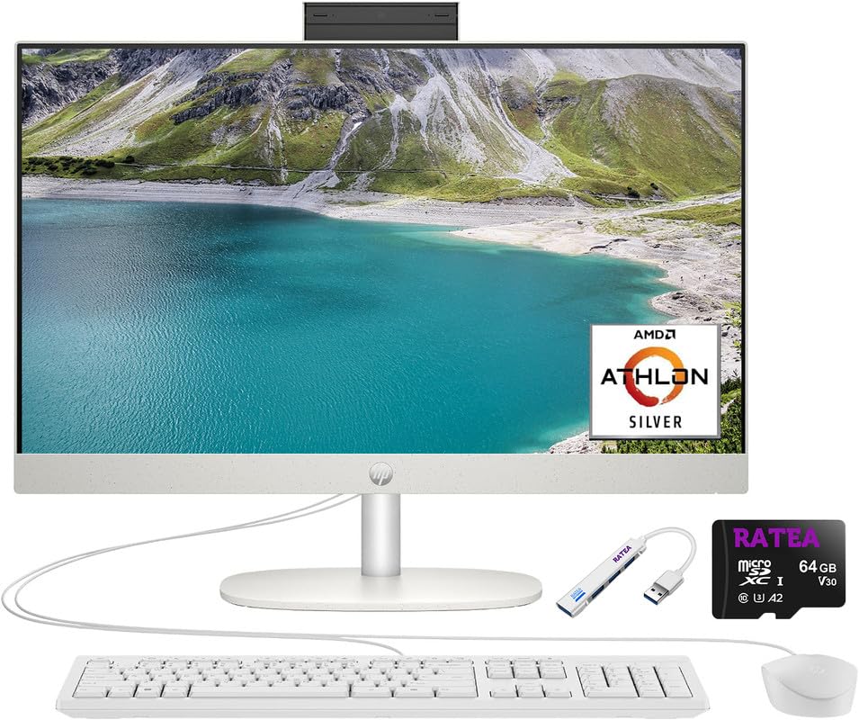 HP Newest 23.8 inch All-in-One Desktop PC, AMD Athlon Silver 7120U, 8 GB RAM, 2 TB SSD, AMD Radeon Graphics, Wi-Fi 6, Windows 11 Home, 64 GB Micro SD card and USB 3.0 Hub
