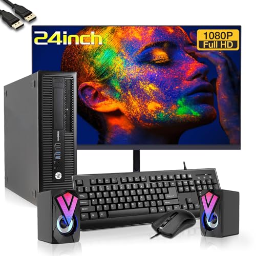 HP EliteDesk 800 G1 SFF Desktop PC with New 24" FHD Monitor and RGB Speakers PC Set, Core i5, 16GB RAM, 256GB SSD, 1TB HDD, Mouse & Keyboard, Wifi, Windows 10 Pro (Renewed)