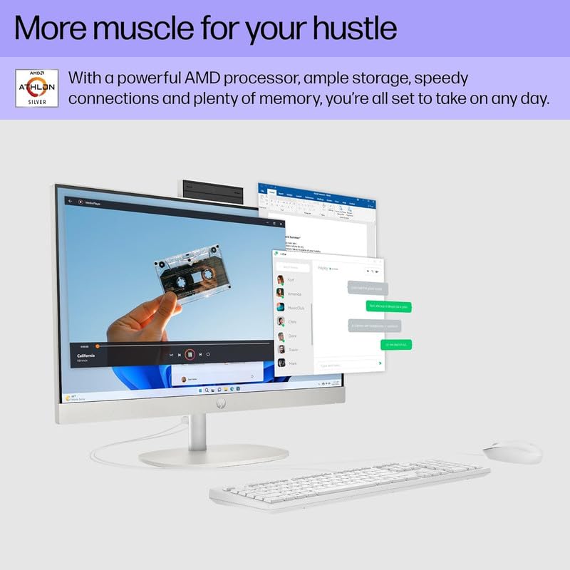 HP Newest 23.8 inch All-in-One Desktop PC, AMD Athlon Silver 7120U, 8 GB RAM, 2 TB SSD, AMD Radeon Graphics, Wi-Fi 6, Windows 11 Home, 64 GB Micro SD card and USB 3.0 Hub