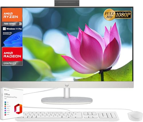 HP 27 inch All-in-One Desktop PC, FHD IPS Display, with Microsoft Office Lifetime License, AMD Ryzen 3 7320U, 8GB RAM, 2TB SSD, Bluetooth, Wi-Fi 6, Wired Keyboard & Mouse included, Windows 11 Pro