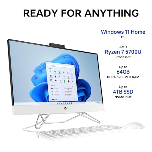 HP 27" FHD Touchscreen Ryzen 7 All-in-One Desktop, 27" FHD 1920 * 1080 Touchscreen, AMD Ryzen 7 5700U, 32GB DDR4 RAM, 2TB PCIe M.2 SSD, HDMI, Wired Keyboard&Mouse, Wi-Fi, Windows 11 Home, White