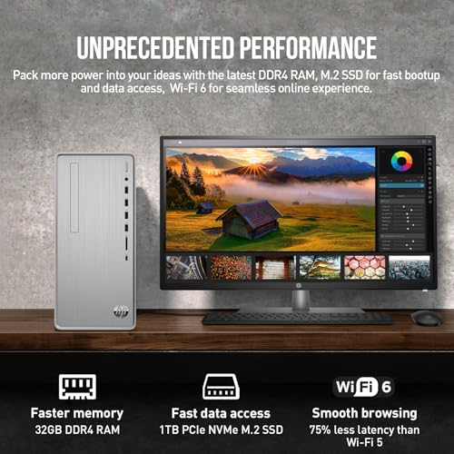 HP Desktop Computer Tower PC, AMD Ryzen 5 Pavilion Desktop Tower for Business and Gaming, 32GB RAM 1TB SSD, Lifetime Microsoft Office, Windows 11 Pro, Wi-Fi 6, Ethernet RJ-45, HDMI, USB-C