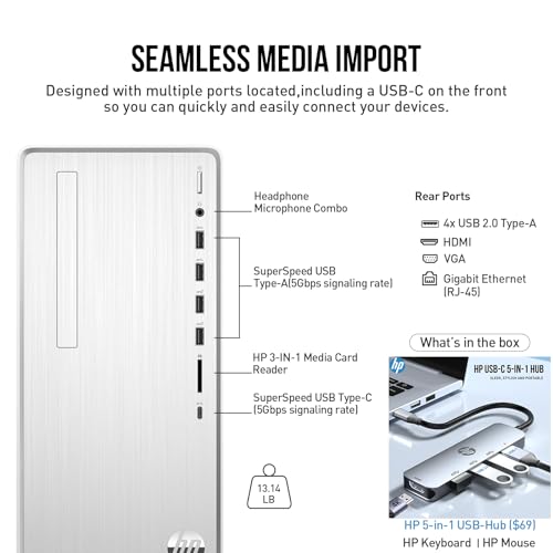HP Desktop Computer Tower PC, AMD Ryzen 5 Pavilion Desktop Tower for Business and Gaming, 32GB RAM 1TB SSD, Lifetime Microsoft Office, Windows 11 Pro, Wi-Fi 6, Ethernet RJ-45, HDMI, USB-C