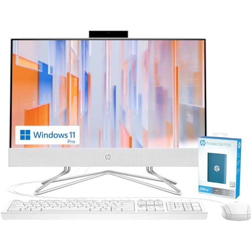 HP All-in-One Desktop Computer, 21.5" FHD Display, 16GB RAM, 512GB Storage (256GB SSD + 250GB External SSD), Intel Dual-Core Processor, Webcam, WiFi, HDMI, RJ-45, Windows 11 Pro