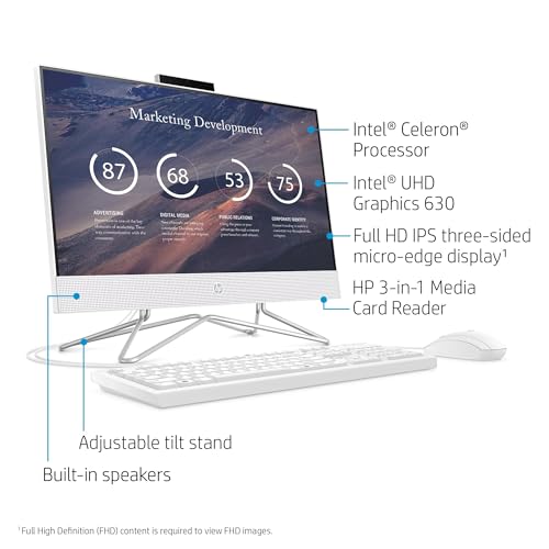 HP All-in-One Desktop Computer, 21.5" FHD Display, 16GB RAM, 512GB Storage (256GB SSD + 250GB External SSD), Intel Dual-Core Processor, Webcam, WiFi, HDMI, RJ-45, Windows 11 Pro