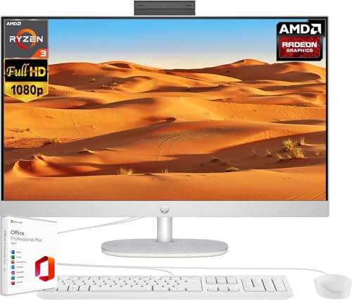 HP Newest 27 All-in-One Desktop Computer, 27" FHD IPS Display, with Microsoft Office Lifetime License, AMD Ryzen 3 7320U, 8GB RAM, 512GB SSD, HDMI, Wi-Fi 6, RJ-45, Wired KB & Mouse, Windows 11 Home