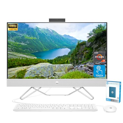 HP 27 inch All-in-One Desktop Computer, FHD IPS Touchscreen, AMD Ryzen 7 5700U Processor, 32GB RAM, 2TB PCIe SSD, Wi-Fi 6, Webcam, HDMI, Wired KB&Mouse, Windows 11 Home, P500 Portable SSD