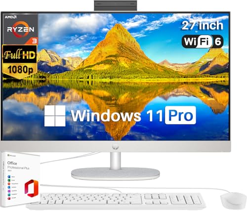 HP All in One Desktop Computer Windows 11 Pro, 27" FHD IPS All-in-One Desktop PC, AMD Ryzen 3 7320U, 8GB RAM, 512GB SSD, HDMI, Wi-Fi 6, Wired Keyboard & Mouse, Microsoft Office Lifetime License