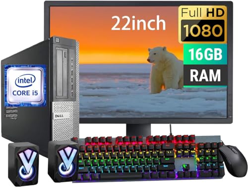 Dell Optiplex 7010 9010 SFF Desktop Computer PC Set, 22" FHD Monitor, Intel core i5 3.40 up to 3.80GHz, 16GB RAM, 256GB SSD, RGB Speakers, RGB Keyboard, Mouse, WiFi, Windows 10 Pro (Renewed)