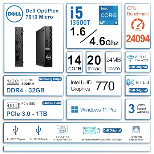 Dell OptiPlex 7000 7010 MFF Intel i5-13500T (14 Cores, Prevails Intel i7-12700T) 32 GB RAM, 1 TB NVMe, WiFi 6E, BT®, DisplayPort, Wired KB & Mouse, 3YR, W11P, Business Desktop Computer