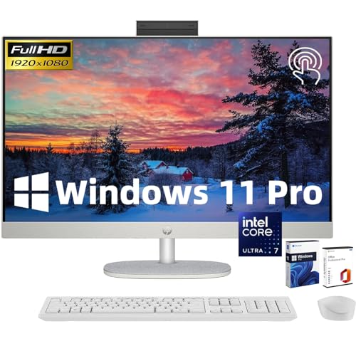 HP 27-inch Touchscreen All-in-One Desktop Computer - Office 2021 Lifetime License, Intel Ultra 7-155U, 16GB DDR5 RAM, 1TB SSD, Adjustable Height, WiFi 6, HD Webcam Windows 11 Pro, White