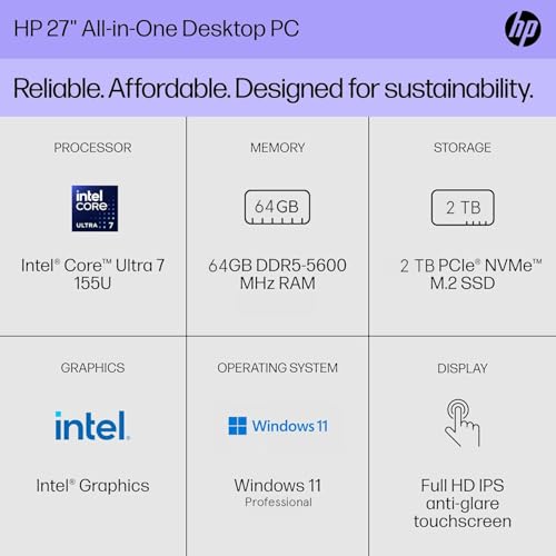 HP 2024 27" FHD Touchscreen Business All-in-One Desktop, Microsoft Office Lifetime License, Intel 12-core Ultra 7 155U (Beats i7-1355U), 64GB DDR5, 2TB SSD, Wireless KB & Mouse, Wi-Fi 6, Win 11 Pro
