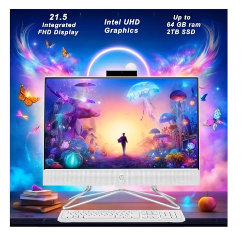 HP All-in-One Desktop Computer, 21.5" 1080P FHD Display, 64GB RAM, 1TB PCIe SSD, Intel Celeron Processor, Webcam, WiFi, HDMI, RJ-45, Wired Keyboard & Mouse, w/WOWPC Bundle, Windows 11 Pro