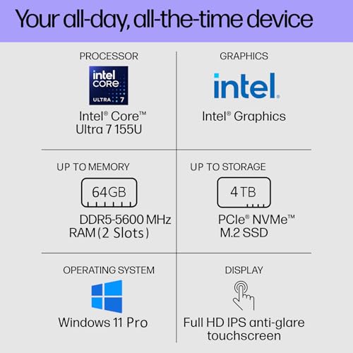 HP 27-inch All-in-One Touchscreen Desktop Computer - Windows 11 Pro & Office 2021 Lifetime License, Intel Ultra 7-155U(up to 4.8Ghz), 64GB DDR5 RAM, 2TB SSD, Adjustable Height, WiFi 6, HD Webcam