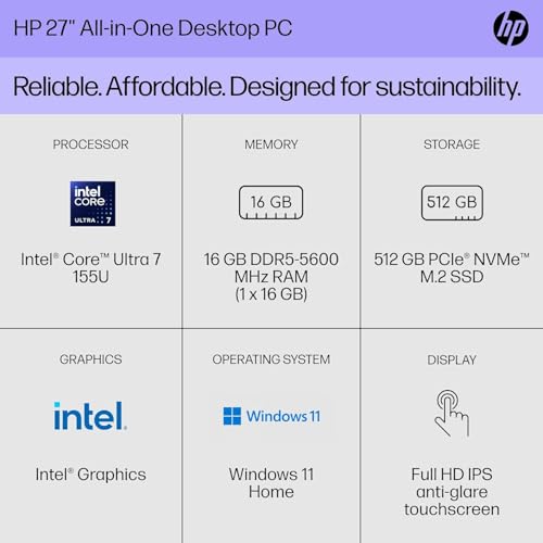 HP 2024 Newest All-in-One Desktop, 27" FHD Display, U7-155U(12-core), Intel Graphics, 64GB DDR5, 2TB SSD, WiFi 6, Windows 11 Pro, with Laptop Stand&Microsoft Office Lifetime License
