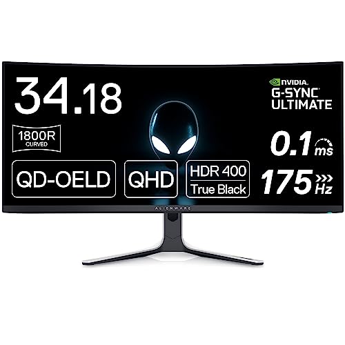 Alienware AW3423DW Curved Gaming Monitor 34.18 inch Quantom Dot-OLED 1800R Display, 3440x1440 pixels at 175Hz, True 0.1ms gray-to-gray, 1M:1 Contrast Ratio, 1.07 Billions Colors - Lunar Light