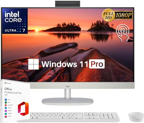 HP Newest 27" All-in-One Desktop Computer, FHD IPS Touchscreen, Intel 12-Core Ultra 7-155U Up to 4.8GHz, 64GB DDR5, 2TB SSD, Wi-Fi 6, Wireless KB&Mouse, Win 11 Pro+Microsoft Office Lifetime License
