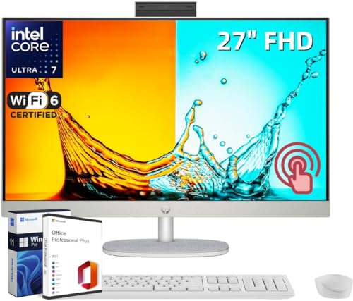 HP 27" Touchscreen All-in-One Desktop PC, with Microsoft Office Lifetime License & Windows 11 Pro, FHD IPS Display, Intel Ultra 7 155U, 32GB RAM, 2TB SSD, Bluetooth, Wi-Fi 6, with Wireless KB & Mouse