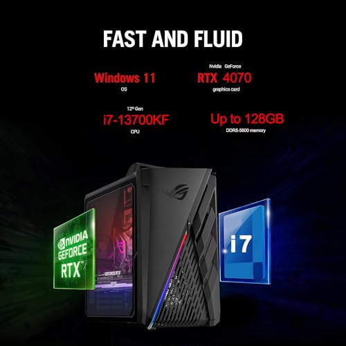 ASUS ROG Gaming Desktop, Intel Core i7-13700KF, NVIDIA GeForce RTX 4070, 128GB DDR5 RAM, 8TB SSD + 22TB HDD, Wired Keyboard & Mouse, HDMI, DP Port, Antenna, RJ45, Wi-Fi 6, Windows 11 Pro, Black