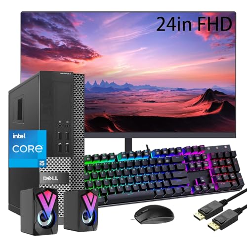 Dell OptiPlex SFF Desktop PC Computer w/ 24in LCD Monitor, SFF Computer Core i5 Processor, 16GB RAM, 256GB SSD, TF200 RGB Keyboard, Dual Speakers, Win10 pro(Renewed)