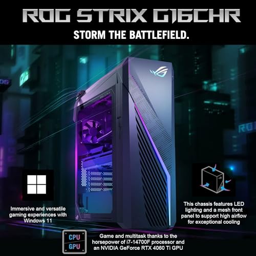 ASUS ROG Intel i7-14700F RTX 4060Ti Ultimate Gaming Desktop, Intel i7-14700F (Beats Intel i9-13900F), GeForce RTX 4060Ti, 64GB DDR5 RAM, 4TB SSD, DP, HDMI, Wi-Fi 6, Windows 11 Pro, Grey