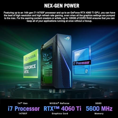 ASUS ROG Intel i7-14700F RTX 4060Ti Ultimate Gaming Desktop, Intel i7-14700F (Beats Intel i9-13900F), GeForce RTX 4060Ti, 64GB DDR5 RAM, 4TB SSD, DP, HDMI, Wi-Fi 6, Windows 11 Pro, Grey
