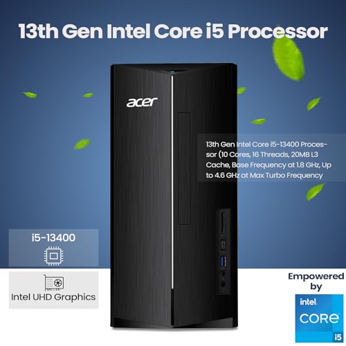 acer Aspire i5 Business Tower Desktop Computer, 13th Gen Intel Core i5-13400(Beat Intel i7-1255U), 64GB RAM, 2TB SSD + 2TB HDD, Wi-Fi 6, HDMI, Wired Keyboard and Mouse, Windows 11 Pro, Black