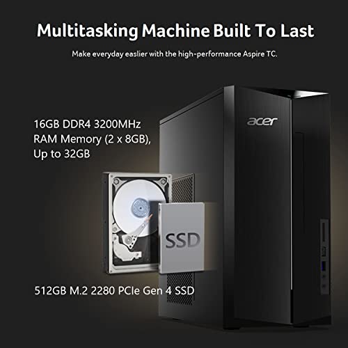 Acer Aspire TC-1780-UR11 Desktop | 13th Gen Intel Core i5-13400 10-Core Processor | 16GB 3200MHz DDR4 | 512GB M.2 2280 PCIe Gen 4 SSD | SD Card Reader | Intel Wi-Fi 6E AX211 | Windows 11 Pro,Black