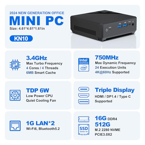 Mini Desktop PC, N100 Mini Desktop Computer NUC with Triple 4K Display, Dual Gigabit Ethernet, 16GB RAM, 512GB SSD, Wi-Fi 6, Bluetooth 5.2,Mini Computers PC for Business, Designers, Home Theater