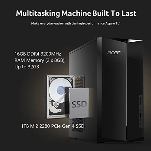 Acer Aspire TC-1780-UA93 Desktop | 13th Gen Intel Core i5-13400 10-Core Processor | 16GB 3200MHz DDR4 | 1TB M.2 2280 PCIe Gen 4 SSD | SD Card Reader | Intel Wi-Fi 6E AX211 | Windows 11 Home,Black