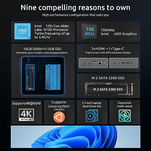 Bmax B4 Plus Mini PC Intel N100 16G DDR4/512GB SSD Win-11 Pro Type-C/HDMI WiFi5 4K/60Hz Triple-Display BT4.2 for Business Home Office