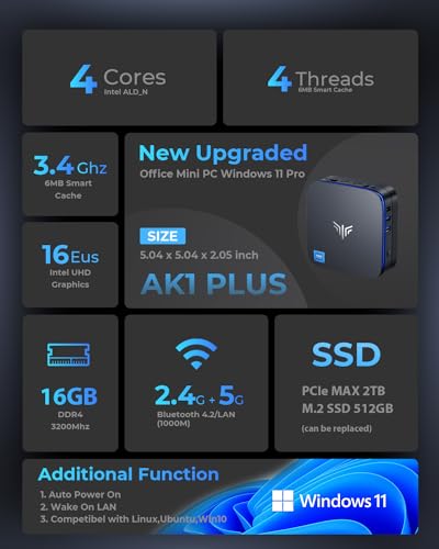 KAMRUI AK1PLUS Mini PC,12th Alder Lake- N95 up to 3.4 GHz,16GB RAM+512GB M.2 SSD,Mini Desktop Computer Windows 11,Support 2.5" SSD (up to 2TB),WiFi 2.4G/5G,BT 4.2,4K, Business, Home, Office ﻿ ﻿
