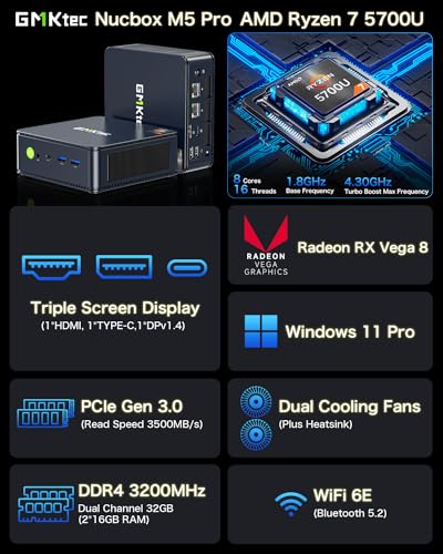 GMKtec Mini PC 5700U, M5 Pro Dual LAN 2.5G Desktop Computer Windows 11 Pro, AMD Ryzen 7 5700U (8C/16T 4.30Ghz), 32G DDR4 RAM + 1TB Hard Drive PCle SSD, WiFi 6E, USB3.2, USB-C, BT 5.2, DP, HDMI
