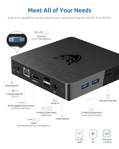 Bmax B1 Pro Mini PC Intel N4000(up to 2.6GHz) 8GB LPDDR4/128GB eMMC Micro Computer WiFi5 HDMI/VGA 4K HD 2.4GHz/5GHz Dual WiFi BT4.2 Mini Computer