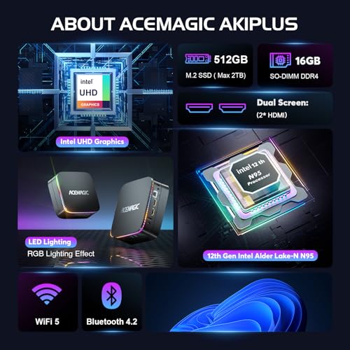 ACEMAGIC Mini PC RGB AK1 Plus, N95(up to 3.4GHz) 12th Gen Processor Mini Desktop Computer, 16GB RAM 512GB SSD, Dual 4K HDMI, Small PC, 2.4/5G WiFi, Bluetooth, Business/Office/HTPC