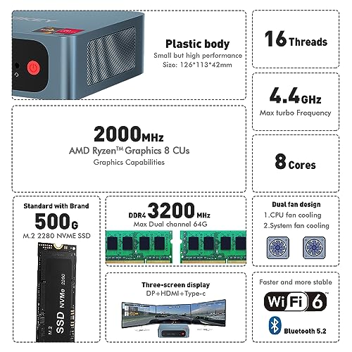 TRIGKEY Mini PC Ryzen 7 Speed S5 5800H(Up to 4.4GHz,L3 16MB) Mini Gaming Computer 16GB DDR4 3200MHz 500GB M.2 2280 NVMe SSD, Wi-Fi 6/Bluetooth 5.2/4K@60Hz/HDMI+DP+Type-C/USB 3.2 Micro PC