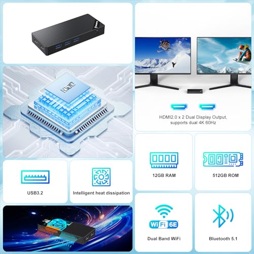 Mini PC, 12th Gen Alder Lake N100 (up to 3.4 GHz)- Stick Mini Computer, 12GB RAM 512GB SSD Small Desktop Pc, with 4K Dual Screen Display/USB3.2x3/WiFi 6/BT5.2/RJ45, Suitable for home/office/school