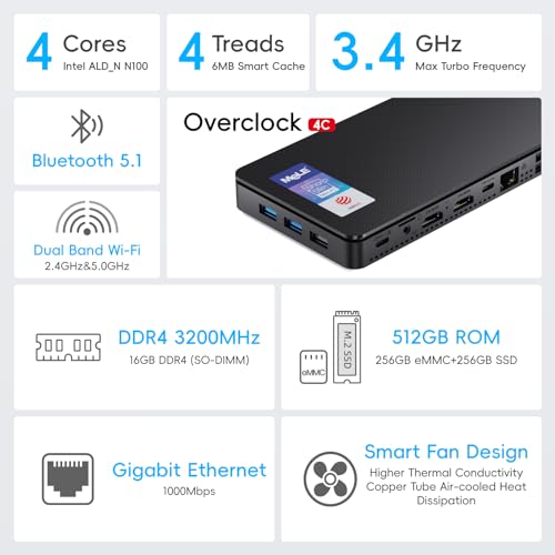 MeLE Mini PC Overclock4C Win11Pro N100(up to 3.4GHz) Alder-Lake 12th Gen 16GB RAM 512GB Micro Computer Small Desktop Office Education Home Triple Screen Display Full Function USB-C