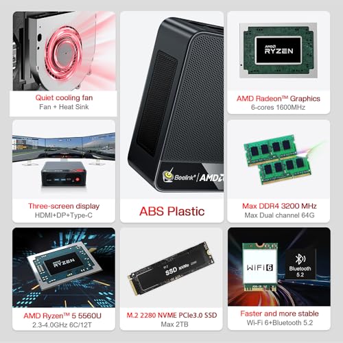 Beelink SER5 Mini PC, AMD Ryzen 5 5560U(7nm, 6C/12T) up to 4.0GHz, Mini Computer 8GB DDR4 RAM 500GB NVME SSD, Micro PC 4K@60Hz Triple Display, Mini Gaming Computer WiFi6/BT5.2/57W/HTPC/W-11 Pro
