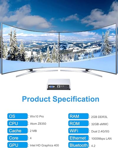 HTOOLS Fanless Mini PC Atom Z8350 Processor,Mini Computer with 2GB LDDR3 32GB EMMC,Mini Desktop Computer Support Dual Display/4K HD/2.4G+5G Dual-Band WiFi for Business Home Theater Business