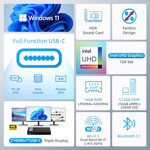 MeLE Mini PC Quieter 4C - 12th Gen N100, Fanless PC, 16GB RAM, 512GB ROM, Windows 11 Pro, 2.4/5G Wi-Fi, Full-Functional USB-C, 4K Triple Display Desktop PC on Home, Office, Education, Astrophotography