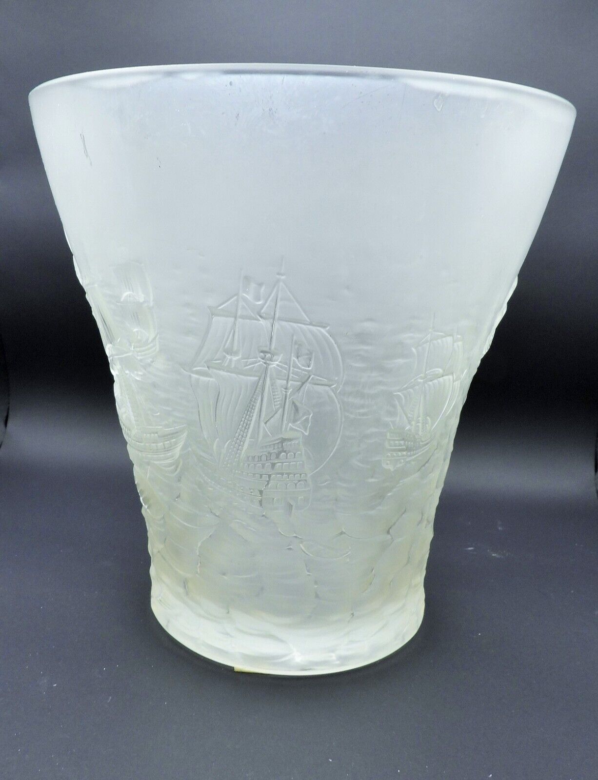 Antique Frosted Glass Navy Galleon Ships Large Vase