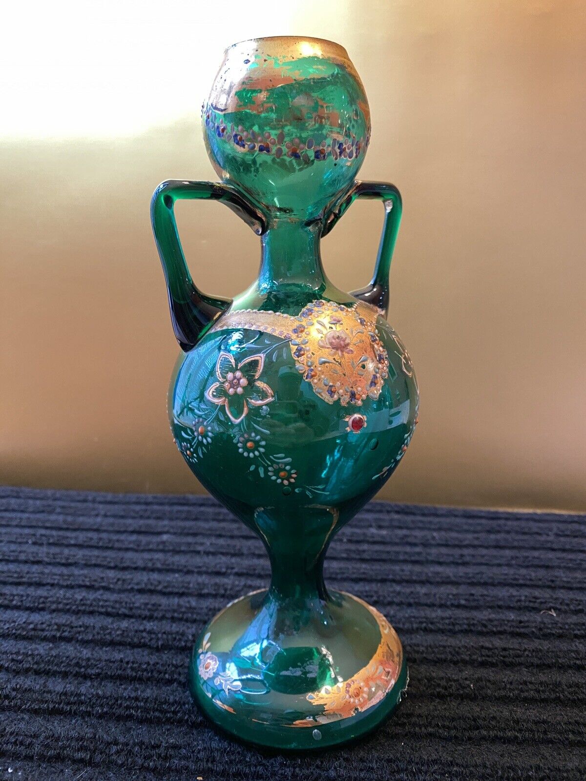 Czech Bohemian Green Double Handle Glass Vase