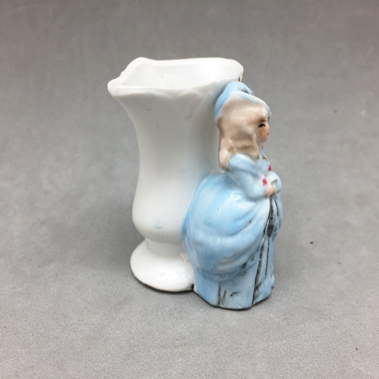 German Porcelain Toothpick Holder Miniature Vase Blue Lady
