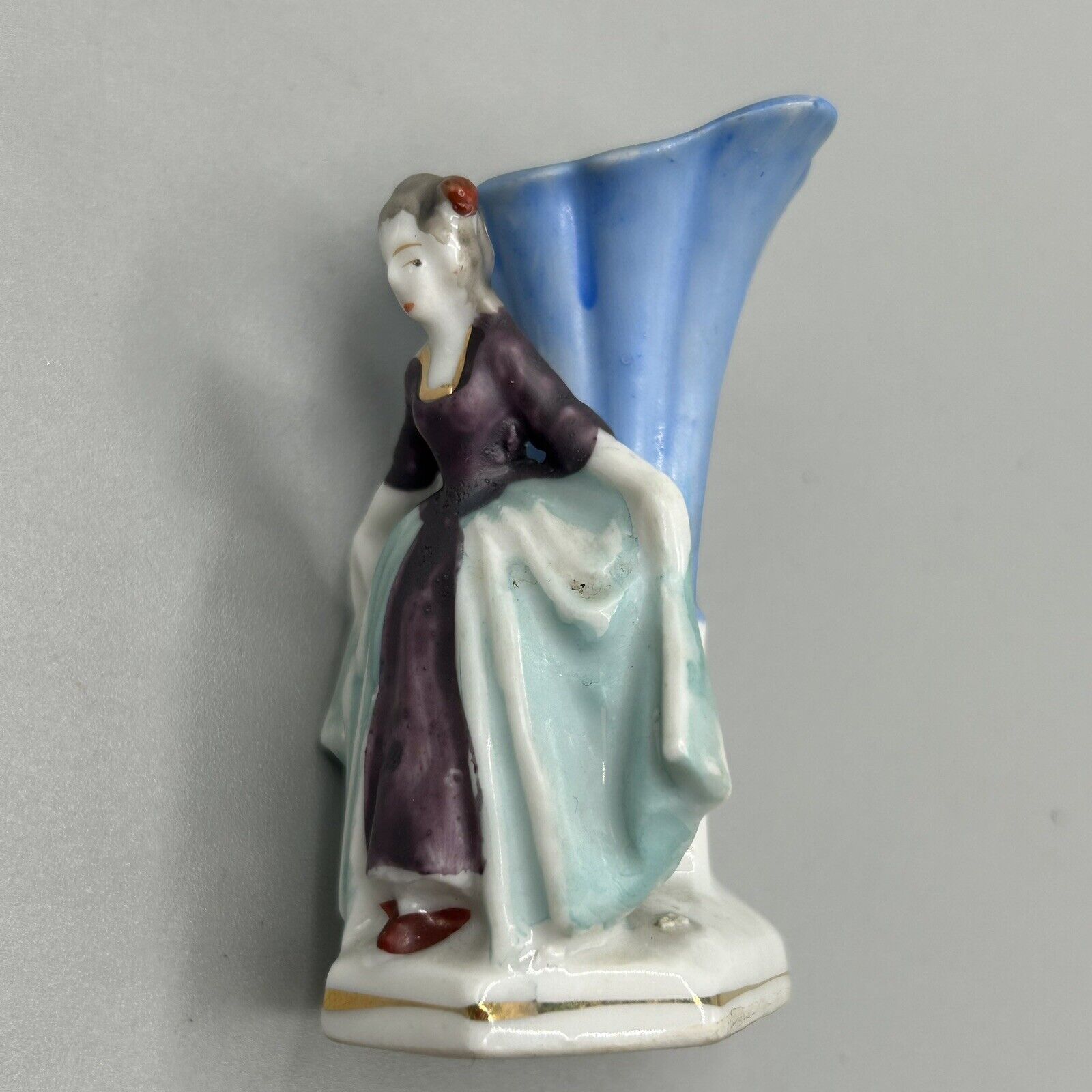 Vintage Hand-Painted Japanese Miniature Vase: Fabulous Lady in Purple & Aqua
